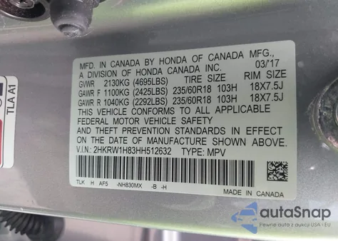 2017 Honda Cr-V Ex-L/Ex-L Navi from USA, damaged, VIN 2HKRW1H83HH512632